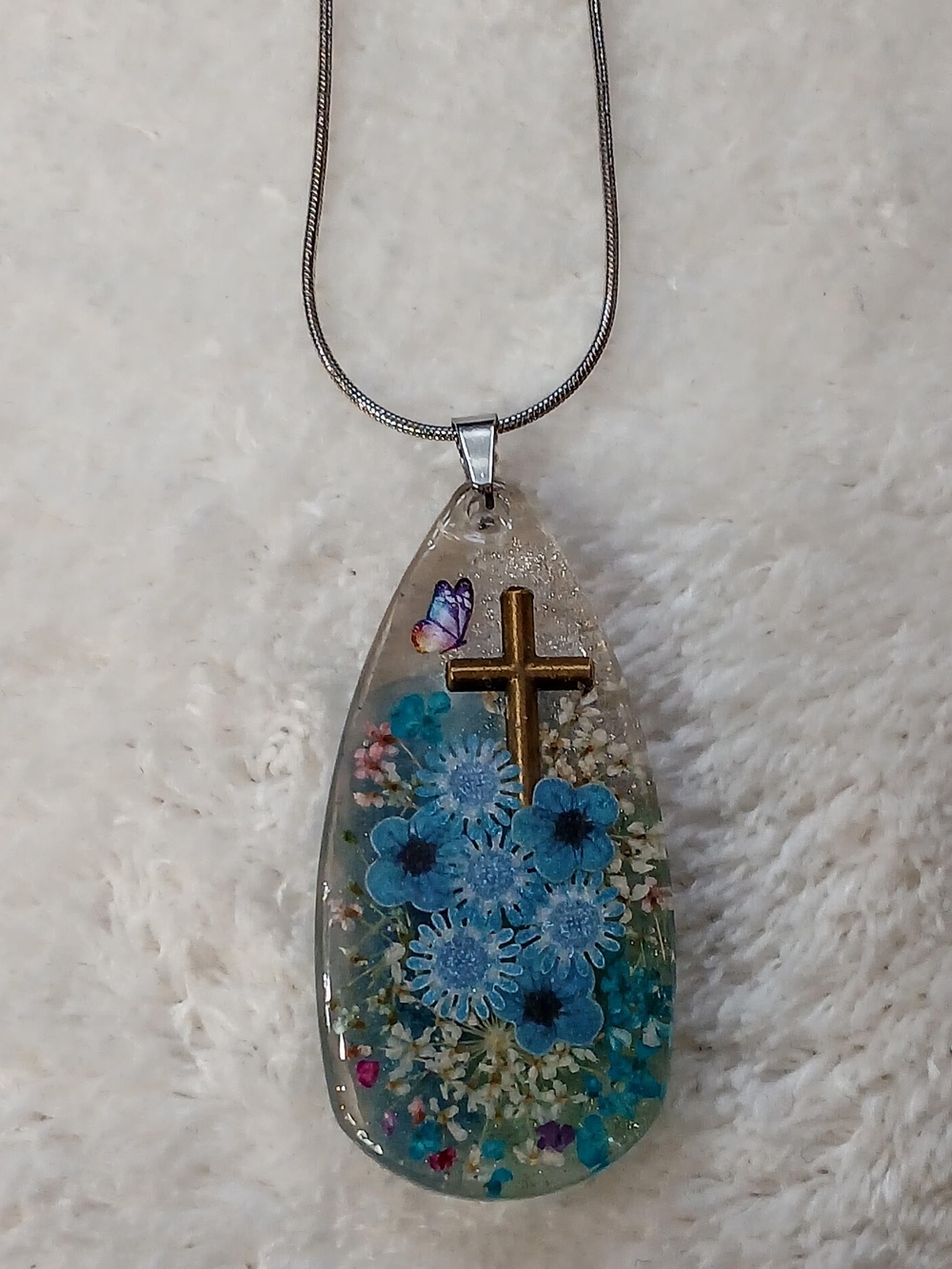 Handmade Blue Floral Cross Resin Pendant Necklace